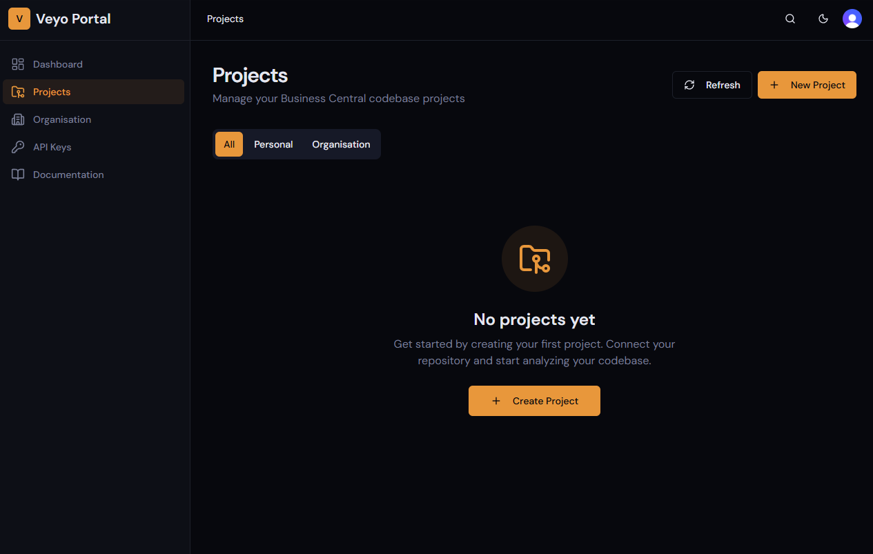 Projects page — empty state