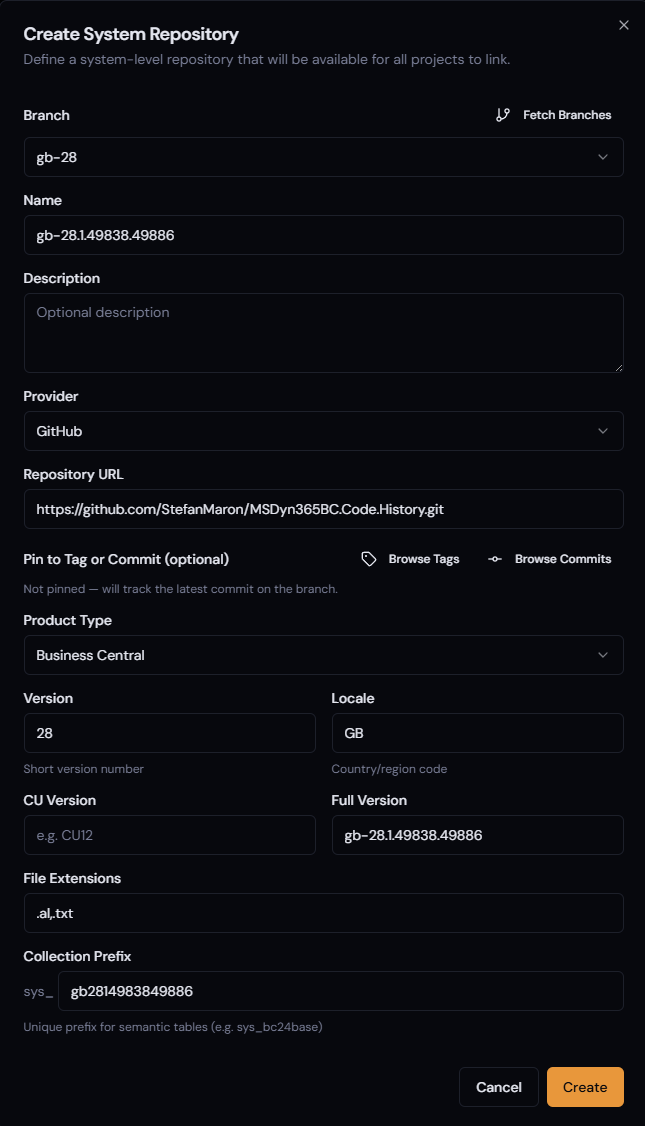 System Repository creation form with branch selected