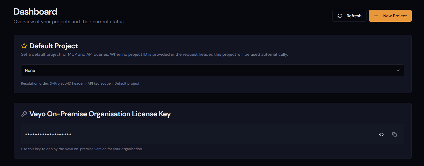 Veyo On-Premise Organisation License Key on the Cloud Portal dashboard