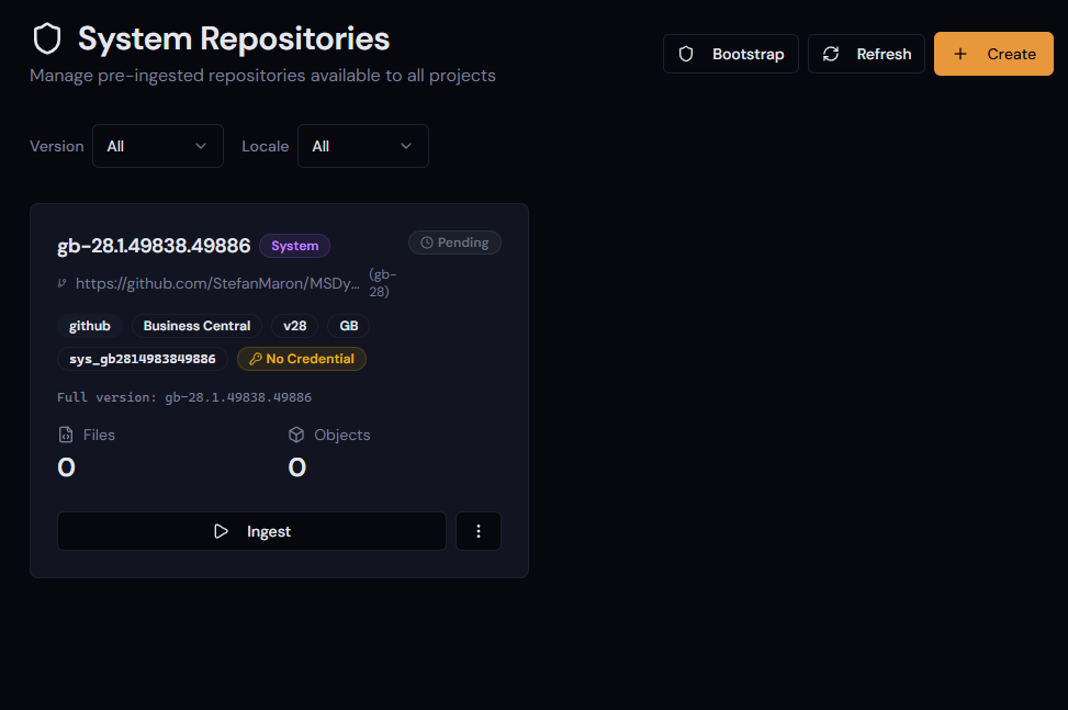 System Repository card showing Pending status