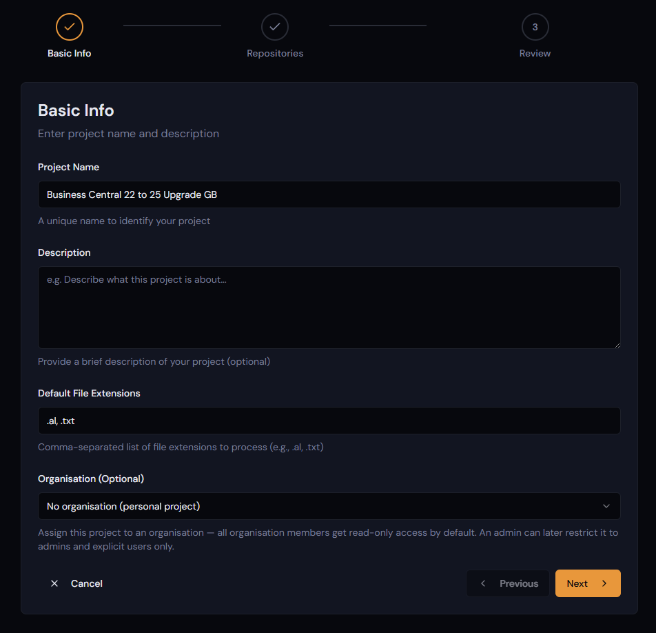 New project wizard — basic info