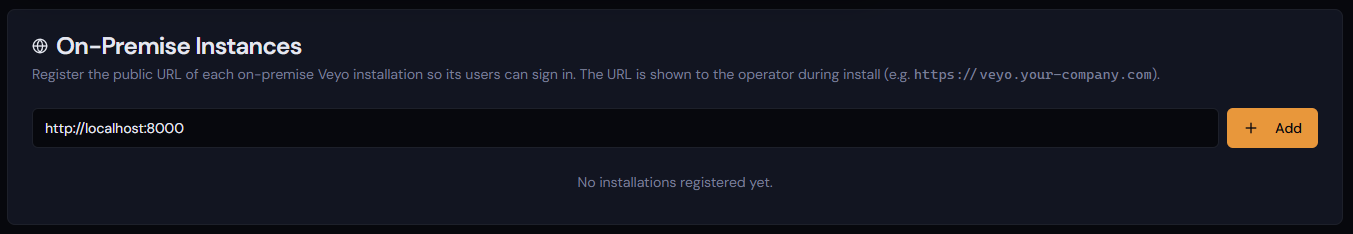 On-Premise Instances registration on the Cloud Portal organisation page