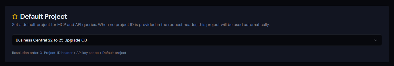Default project set on dashboard