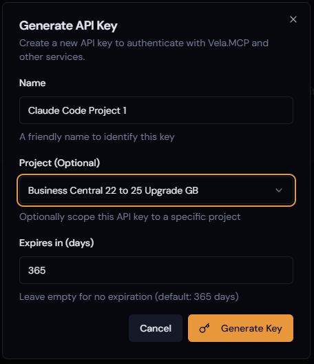Generate API Key dialog